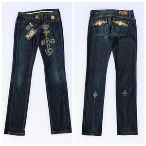 Faith Connextion NWT Rhinestone Gold & Blue Jeans 'Love God' Karla Size 29